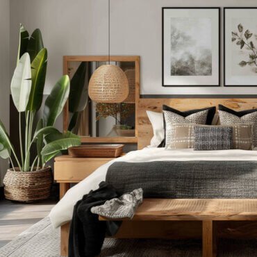Japandi style bedroom with light wood furniture, oversized wall art, neutral bedding, and natural textures